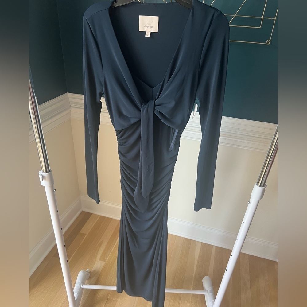 Cinq à Sept Brenna Jersey Tie Front Midi Dress Women's 00 Peacock Blue Side Slit - Picture 3 of 4